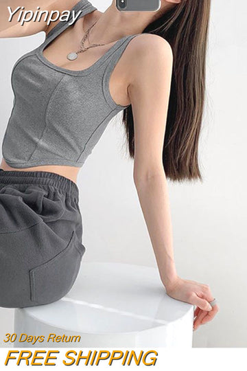 Yipinpay Tank Tops Women Tight Fishbone Sleeveless Crop Top Korean Fashion Solid Square Collar Vest Female 2023 New